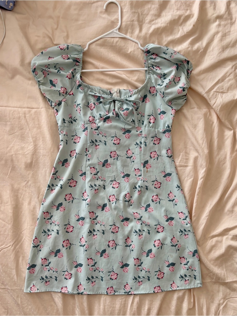 Light Mint Floral Puff-Sleeve Cottagecore Mini Dress with Tie Front